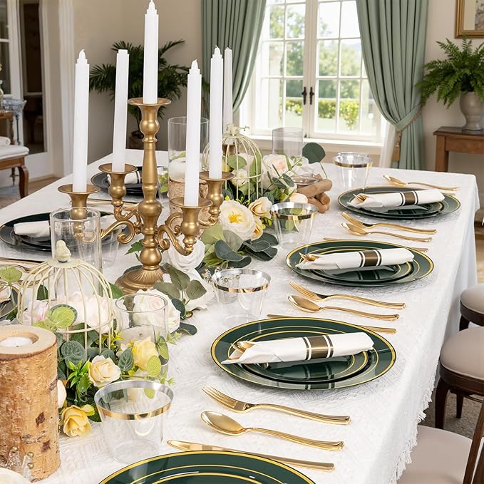 350PCS Green and Gold Plates - Green Plastic Plates 50Guests Plastic Plate with Rolled Napkins for Party/Birthday/St. Patrick's Day