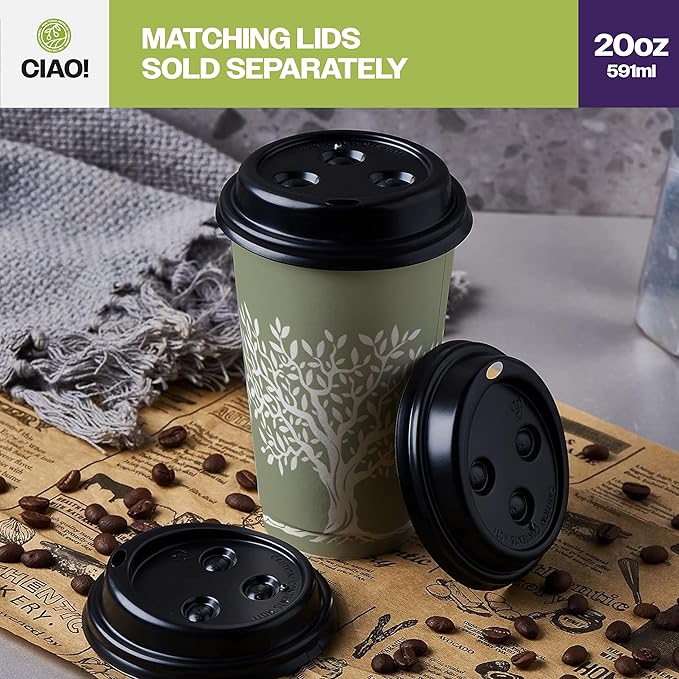 CIAO! 20oz Paper Hot Cup, Rooted Olive Print, (Case of 600)