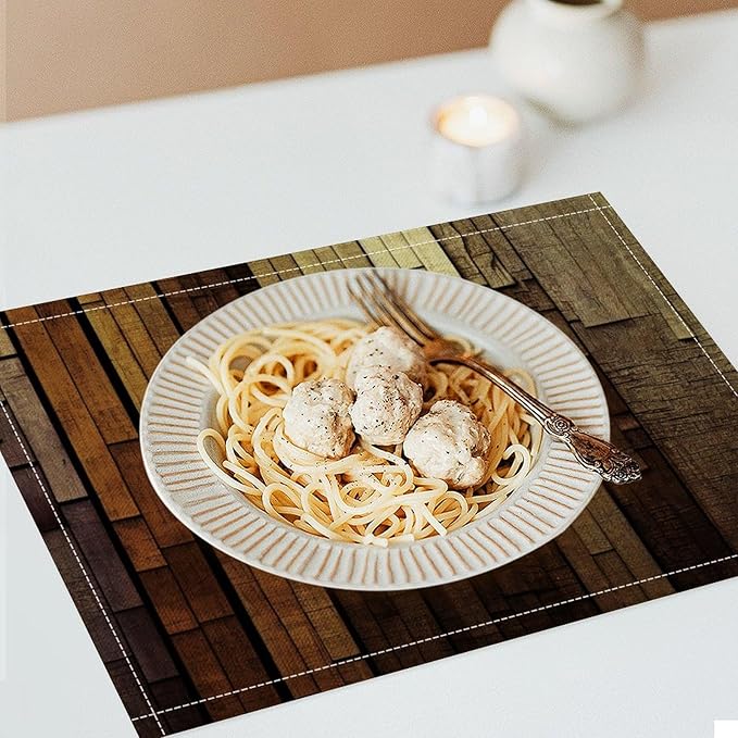 Retro Plank Placemat Set, Rural Old Shabby Brown Beige Farmhouse Barn Wooden Board Pattern Home Decor Linen Table Mats for Dining Room Kitchen Party (17x12in) x6P
