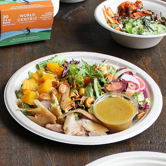 World Centric Compostable Round Paper Plates, 9" (Pack of 250), Made from Unbleached Plant Fiber, Sustainable, Heavy Duty, Grease Resistant, Microwave & Freezer Safe, PFAS Free