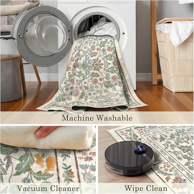 Beige Floral 8x10 Area Rugs for Living Room Large Washable Rug Vintage Forest Low Pile Non Slip Stain Resistance Soft Carpet for Dining Room, Bedroom, Office Rug, Kids Room, Nursery Room, Playroom