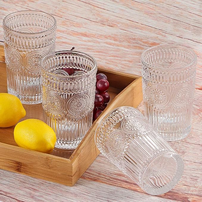 MDLUU Embossed Water Glasses, Romantic Glassware, Vintage Drinking Glasses, Glass Tumblers for Juice, Beverages, Cocktail, Capacity 12.5oz/370ml, Set of 4