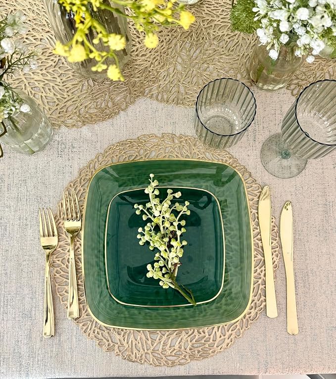 " OCCASIONS " 50 Plates Pack (25 Guests)-Wedding Party Disposable Plastic Plate Set -25 x 10'' Dinner + 25 x 7'' Salad & Dessert plates (Belize Square in Green & Gold)