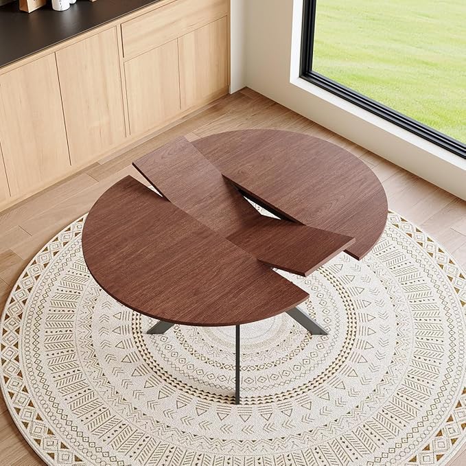 Round Dining Table Set for 6｜42"-54" Extendable Dining Room Table Set｜Wooden Kitchen Table with 6 Chairs｜Mid Century Modern Dinner Table Set with Cross Legs｜Easy Assembly｜Space Saving