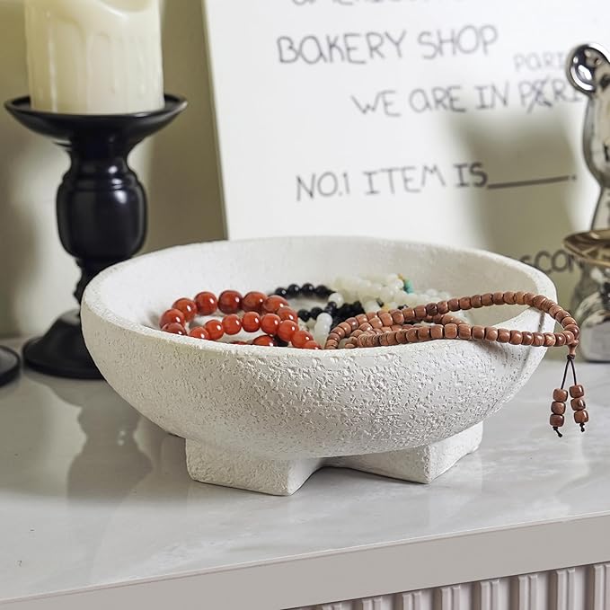 Beige Decorative Bowl, Large Fruit Bowl for Kitchen Counter, Resin Pedestal Key Bowls for Entryway Table, Coffee Table Centerpiece