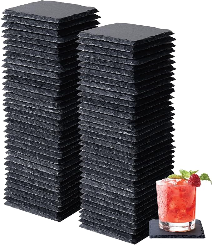 Slate Coasters Set of 72,4-Inch Black Square Stone Drink Coasters with Scratch-Resistant Backing,Durable Tabletop Protection for Home Office Kitchen,Ideal Housewarming Wedding Gifts