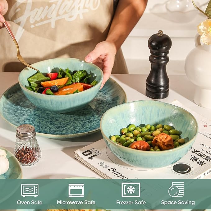 Modern Plates and Bowls Sets 12-Piece Ceramic Dinnerware Set for 4 Blue Kitchen Plates and Bowls Microwave Dishwasher and Oven Safe Stackable Tableware Dinnerware Sets for Everyday Use