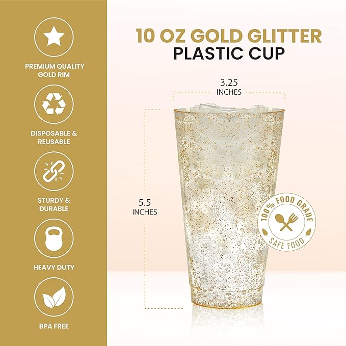 R-kay 16 oz Gold Glitter Plastic Cups For Party - 50 Pack Gold Plastic Cups - Hard Disposable Cups - Premium Heavy Duty Gold Cups - Disposable Cocktail Glasses - Party Cups (50 Pack, 16, ounces)