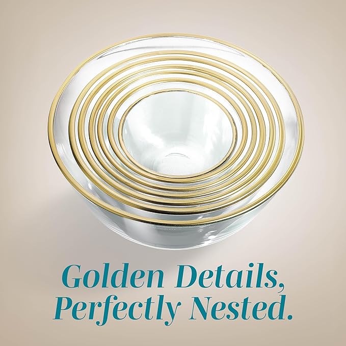 COOK WITH COLOR 12 Pc Glass Mixing Bowl Set with Lids – Borosilicate Glass Nesting Bowls for Cooking, Baking and Meal Prep, Gold Rim