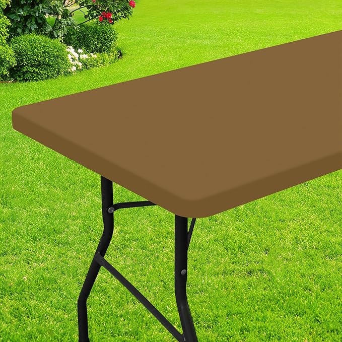 Smiry Rectangle Picnic Table Cloth, Waterproof Elastic Fitted Tablecloths for 6 Foot Tables, Washable Polyester Table Cover for Camping, Indoor and Outdoor (Brown, 30"x72")