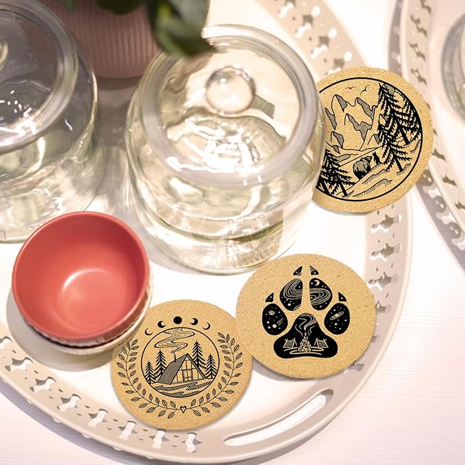 Coasters for Drinks with Holder Set of 6, Mountain Cork Coaster Absorbent Wood for Cup Desk Office Table Kitchen Decor House Warming Gifts for New Home Couples, Round 4"