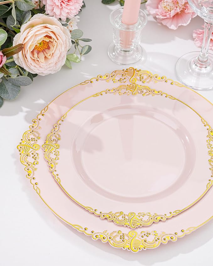 Nervure 100PCS Pink and Gold Plastic Plates - 10.25Inch Pink Disposable Plates - Plastic Dinner Plate for Weddings & Parties