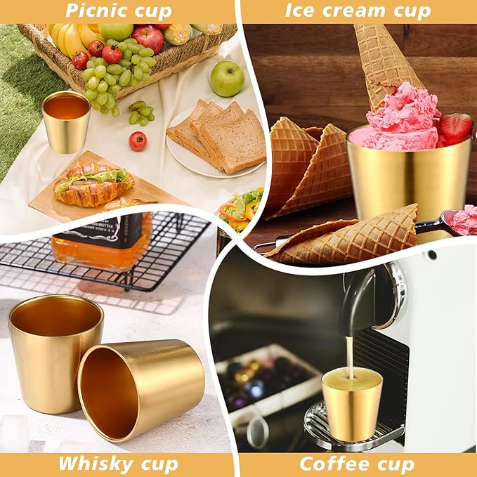 Amyhill 12 Pieces Stainless Steel Cups Double Wall Tumbler Glasses Stackable Metal Drinking Cups Insulated Drinking Glasses Reusable Camping Mugs for Home Camping RV BBQ Office Party(Gold,5.9 oz)