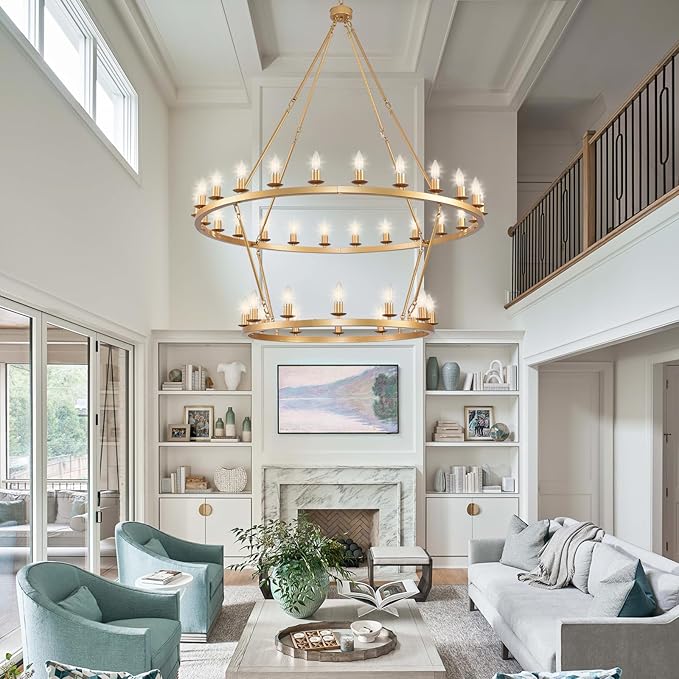 48 Inch 2 Tier Gold Extra Large Wagon Wheel Chandelier 36-Lights Farmhouse Industrial Round High Ceiling Pendant Light Adjustable Chain, for Dining Room, Living Room