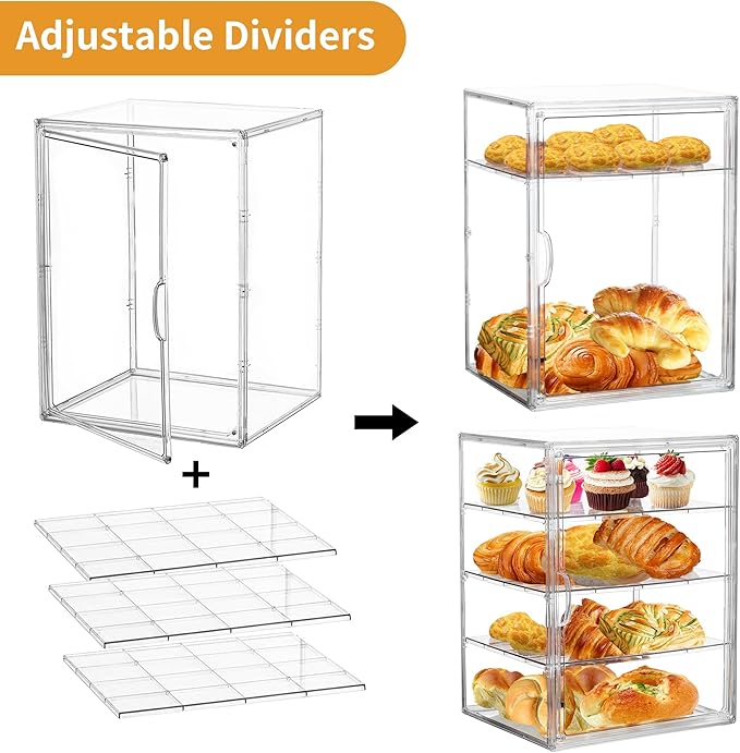 Attelite Pastry Display Case,4 Layers Adjustable Clear Bread Box for Kitchen Countertop,Bread Storage with Magnetic Door Bakery Pastry Display15.5x11.4x9.8inch