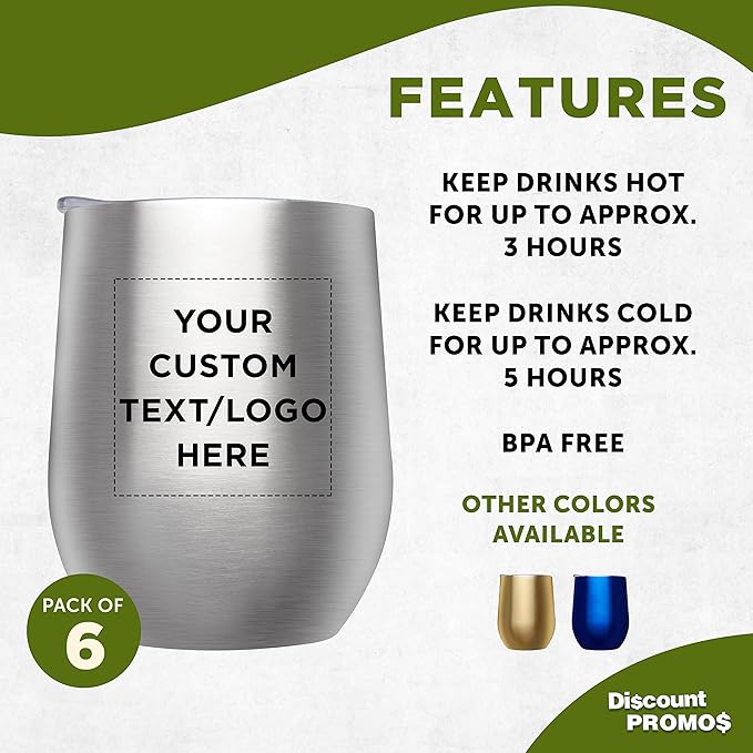 Custom Stemless Wine Glass Tumblers with Lids by Largo 11 oz. Set of 6, Personalized Bulk Pack - Perfect for Wine, Cocktails, Other Hot & Cold Beverages - Silver