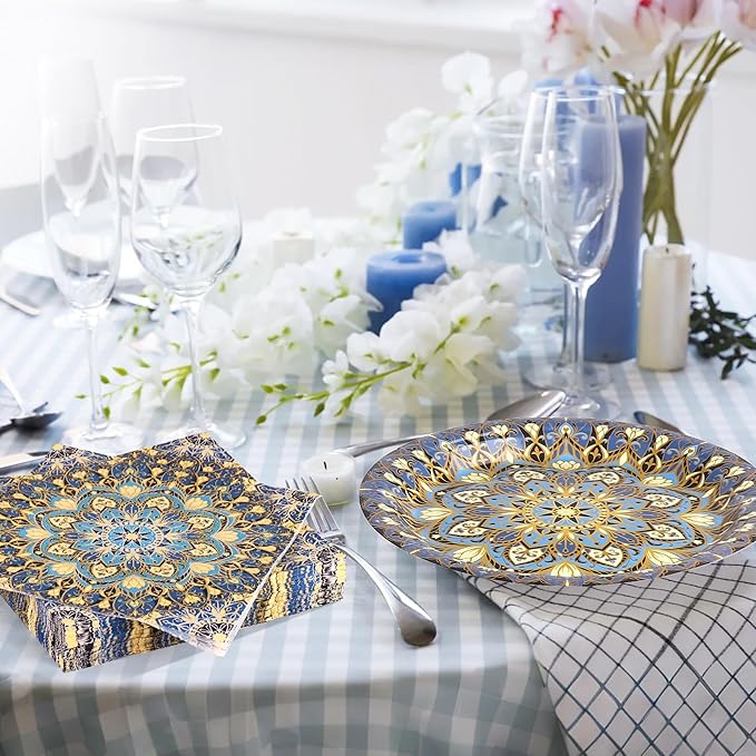 Kochorie 100 Pieces Bohemian Style Paper Plates and Napkins Set Vintage Bohemian Decorative Paper Plates (25 x 7 Inch & 25 x 9 Inch) Boho Tableware Set for Daily Use Party Kitchen Wedding Decor