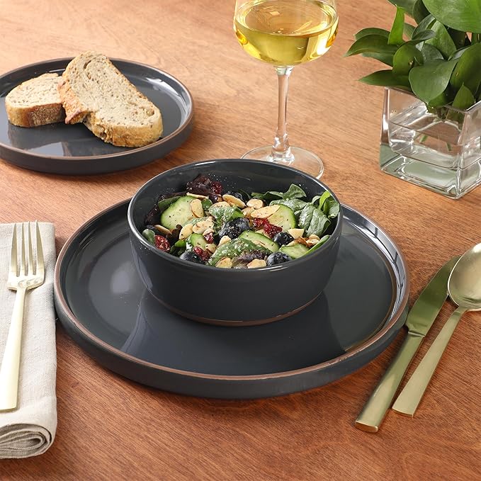 Gibson Elite Northrock Stoneware Dinnerware Set, 12-Piece Service for 4 Plates and Bowls Set – Charcoal Blue Dishes with Hand-Painted Terracotta Base