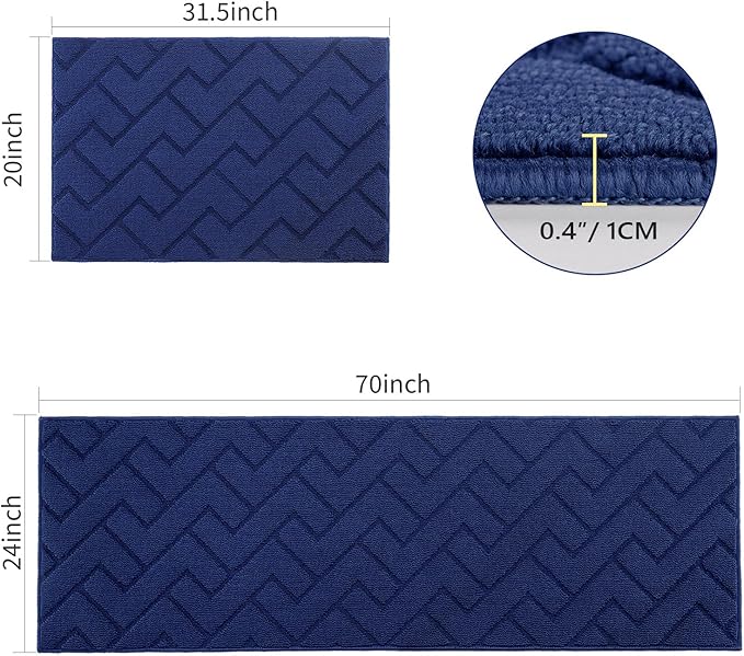 hicorfe Kitchen Rugs and Mats Sets,2 Pieces Super Absorbent Polypropylene Non-Slip Rug,Soft Comfort Floor Mat,Washable for Kitchen,Hallway,Office,Sink,Laundry(20" x 32"+24" x 71",Navy Blue)