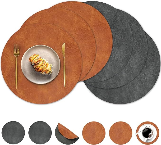 Round Placemats and Coasters Set of 6, Washable Reversible Faux Leather Placemats Cowhide Pattern Place Mats Wipeable Non-Slip 15 inch Round Kitchen Dining Table Mats (Gray Brown, 6)