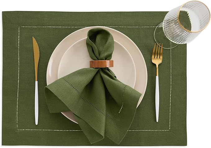 Solino Home Linen Cloth Placemats Set of 4-100% Pure Linen Hemstitch Olive Placemats 14 x 19 Inch - Classic Hemstitch Table Place Mats