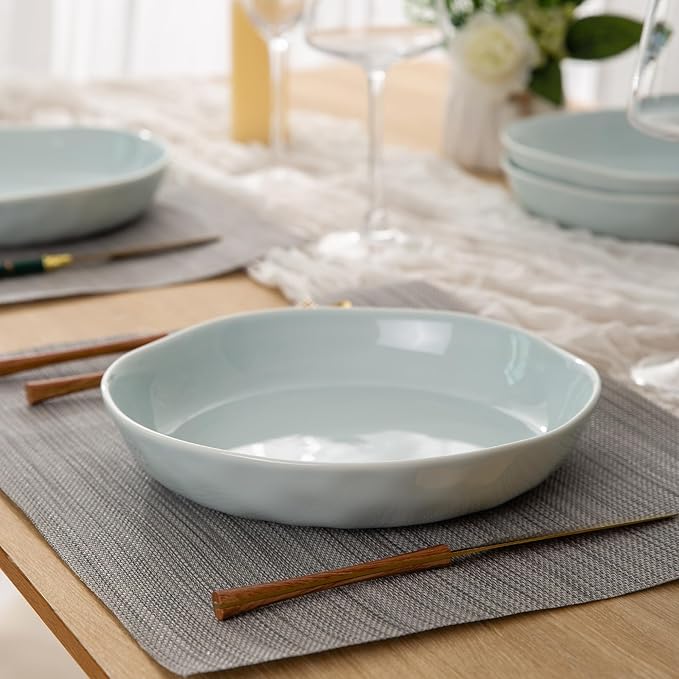 LERATIO 9.75 Ceramic Flat Pasta Bowls,Wavy Rim 38oz Large Wide Bowls Set of 4 for Kitchen,Modern Porcelain Stoneware pasta bowls,Dishwasher & Microwave & Oven Safe Bowls with for Pasta