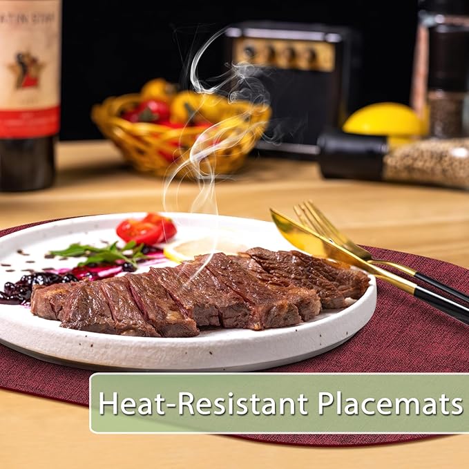 Placemats for Dining Table Set of 6 Non-Slip, Heat Resistant Oval Leather Placemat Double Layer, Waterproof Table Mats Easy to Clean for Kitchen Dining Room Coffee Office Table, Wine Red
