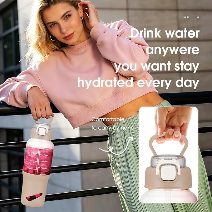 SIEROZUR 32 oz Glass Tumbler with Straw, Glass Water Bottles with 2 Lids-Handle Spout Lid & Straw Lid, 1 Liter Motivational Water Bottles, Silicone Sleeve, Fits Car Cup Holder,White