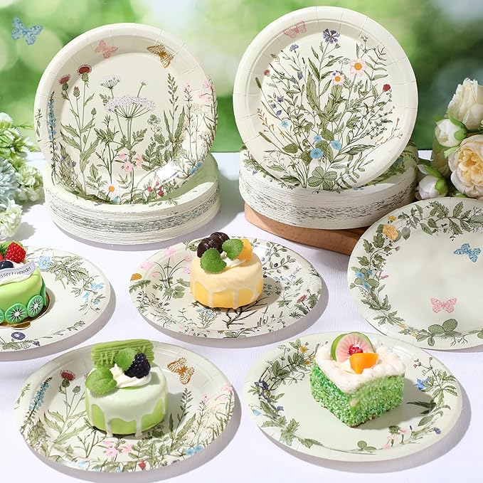 Umigy 120 Pcs Summer Wild Floral Paper Plates 7 Inch Party Plates, Flower and Butterfly Dinner Tableware Watercolor Flower Tea Party Dessert Tableware for Birthday Wedding Baby Shower Bridal Shower