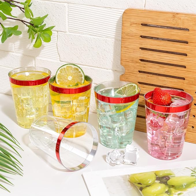 DaYammi 100 Pack Red Plastic Cups 10 Oz Clear Red Rimmed Plastic Cups for Party Fancy Disposable Cup for Wedding Disposable Glasses Clear Tumblers with red Rim for Party Elegant Wine Cocktail Cup