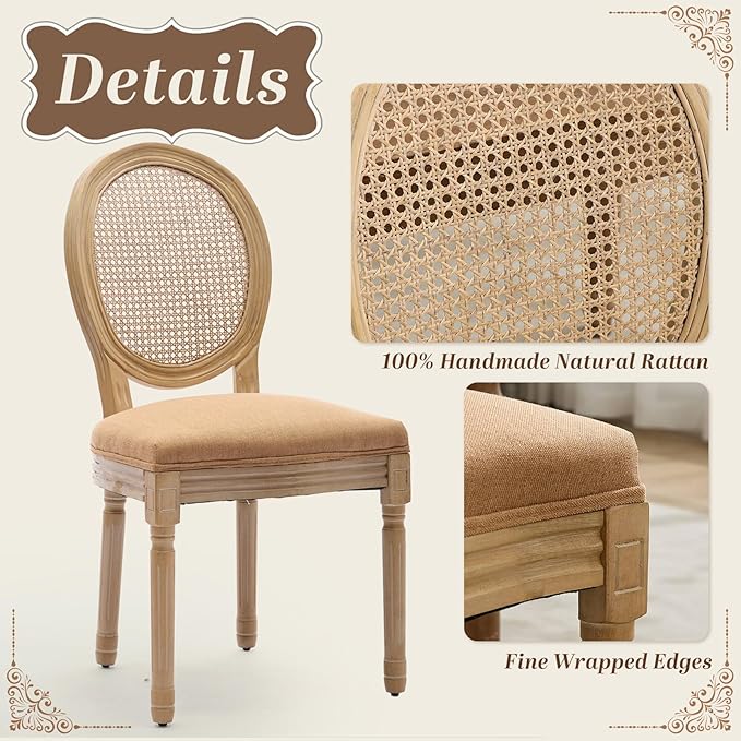 SoarFlash French Dining Chairs Set of 2, Vantage Dining Chair with Round Back, Wood Leg Farmhouse Country Rattan Dining Chair for Kitchen,Bedroom,Brown