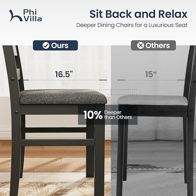PHI VILLA 5 Piece Dining Table Set for 4, Marble Design Kitchen Table Chairs Set of 4, Solid Wood Space-Saving Dining Room Table Set for Apartment, Veined Black Marble& Gray