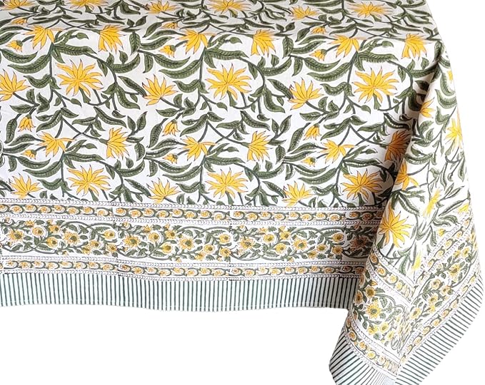 ATOSII Noor 100% Cotton Rectangle Spring Tablecloth, Handblock Floral Print Linen Table Cloth for Kitchen Dining I Parties, Outdoors, Weddings, Easter Holidays I 72 X 140 Inches I 12 Seater