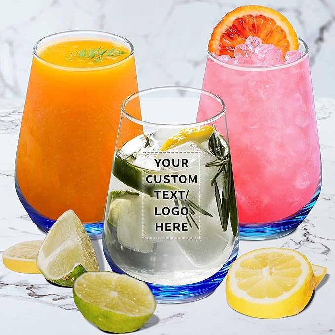 DISCOUNT PROMOS 100 Vaso Silicia Stemless Wine Glasses Set, 16 oz. - Personalized Text, Logo - Clear, Orb-Like, Thick base - Blue
