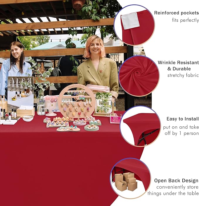 Nasitos 2 Pack Spandex Tablecloths for 6 Foot Rectangle Table-Open Back Red Stretch Table Cloths for 6 Foot Folding Table, Wrinkle Resistant for Wedding, Parties, Buffet, Baby Shower