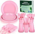 Kochorie 240 Pieces Pink Plastic Dinnerware Set Disposable Heavy Duty Plates Napkins Cups and Silverware Dessert Dinner Plates for Birthday Wedding Baby Shower Party Supplies, Serves 30 Guests
