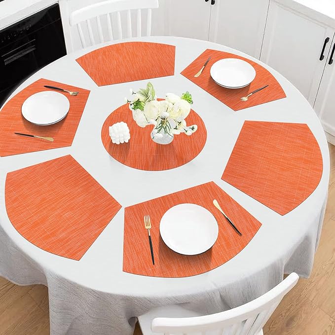 SHACOS Round Table Placemats Set of 5 Woven Vinyl Wedge Placemats with Centerpiece Round Table Mats Heat Resistant Wipe Clean (5, Orange)
