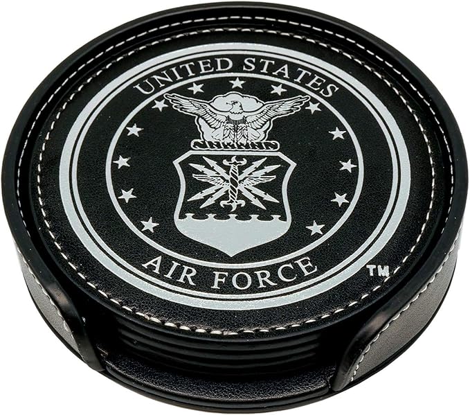 Air Force Leather Coaster Set - 4 Premium Coasters with Hot Stamped Foil USAF Logo - Air Force Gifts | USAF Leather Coasters