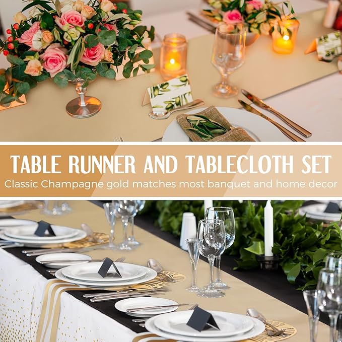 Breling 8 Pack White and Gold Disposable Plastic Tablecloths and Satin Table Runner Set, 54 x 108 Inch Tablecloth, 12 x 108 Inch Table Runners for Wedding First Communion Baby Shower Graduation