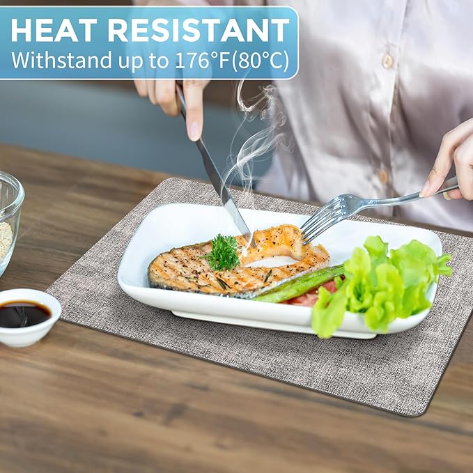 Placemats Set of 4 Washable, Heat Resistant Table Placemats Wipeable Faux Leather Place Mats Non Slip, Waterproof Square Table Mats for Indoor Outdoor, Light Grey