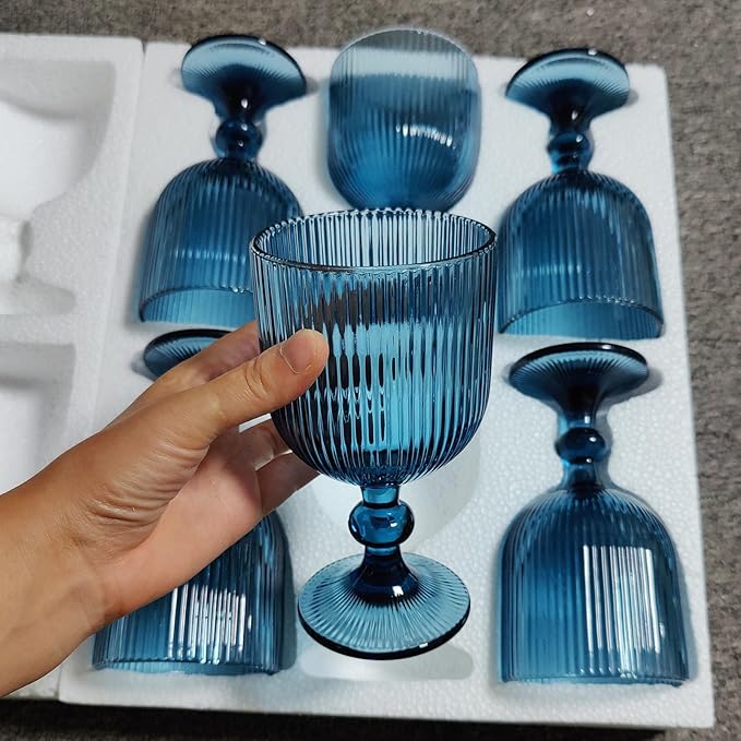 Blue Glasses Drinking Water Goblets set of 6 Big Vintage Glassware 13oz Colored Wine Glasses for Wedding Party Bar Vertical Line Embossed Pattern Stemmed Cups 400ml