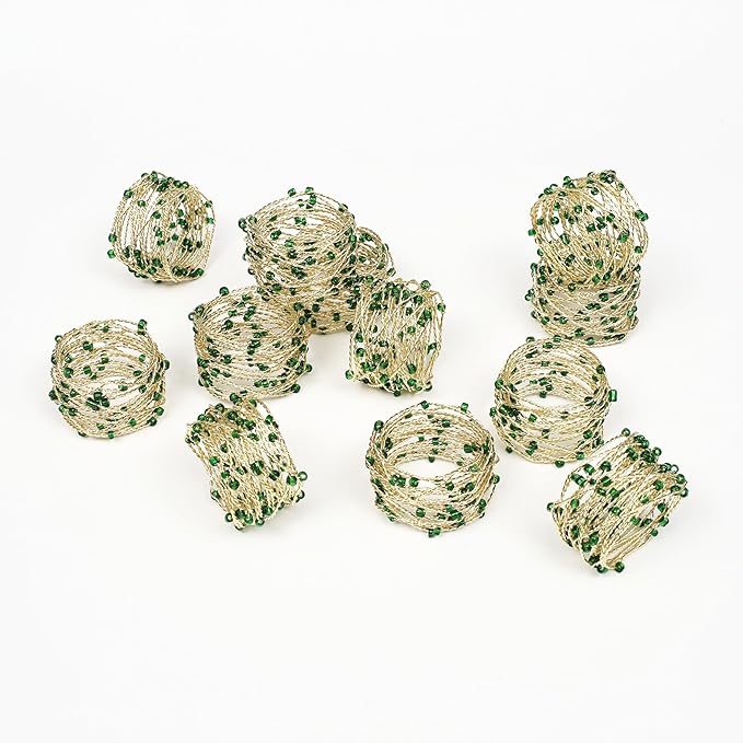 Gold Green Beaded Napkin Ring Set of 12 - Beautiful Fancy Elegant Decorative Napkin Holder for Christmas, Dinner Table Decoration, Farmhouse, Wedding, Party, Family Gathering, New Year & Everyday Use