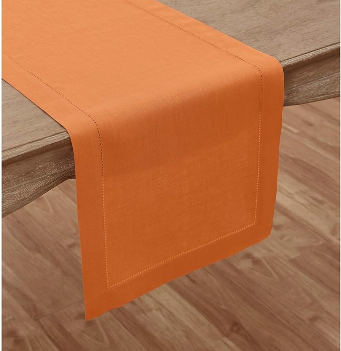 Solino Home Linen Pumpkin Hemstitch Table Runner 36 Inches - 100% Pure Linen Small Table Runner 14 x 36 Inch Ideal for Dresser and Coffee Tables - Classic Hemstitch