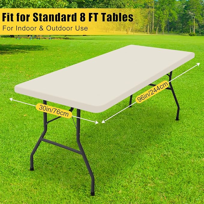 Smiry Rectangle Tablecloth, Elastic Fitted Flannel Backed Vinyl Tablecloths for 8ft Folding Tables, Waterproof Wipeable Table Covers for Indoor, Outdoor, Picnic and Camping (Beige, 30"x96")