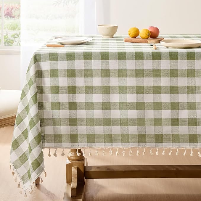 Softalker Spring Checkered Tablecloth Rectangle, Outdoor Linen Cotton Gingham Table Cloth with Tassel, Heavy Duty Wrinkle Free Buffalo Plaid Table Cover for Easter Dining Home - 55 x 70 Inch, Sage