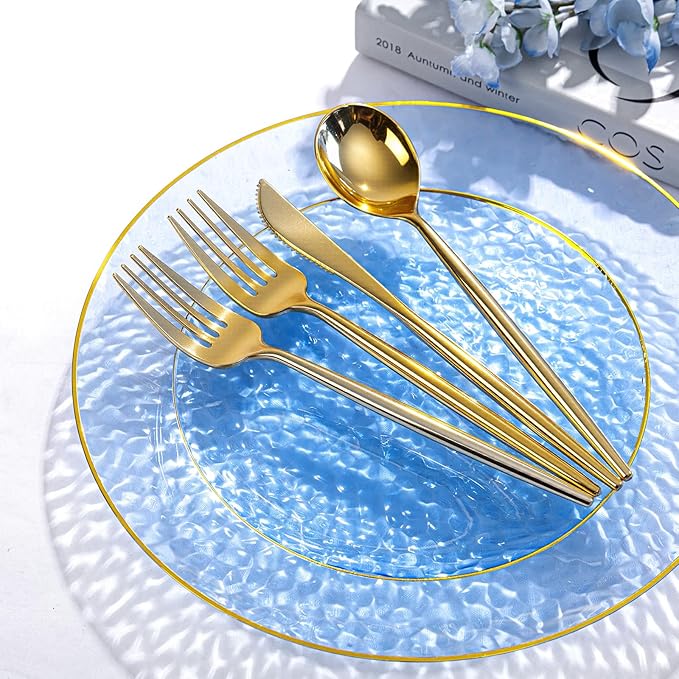 Rubtlamp 150Pcs Blue Plastic Plates, Gold Plastic Dinnerware Set For 30 Guest, Hammered Heavy Duty Plates with Gold Rim Include 30Dinner Platos, 30Salad Platos,90 Cutlery