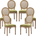Vintage French Rattan Dining Chairs Set of 6, Round Back Accent Chairs with Rattan Backrest and Upholstered Linen Seat, Solid Frame Wood Sillas de Comedor for Dining Room & Kitchen, Olive Green