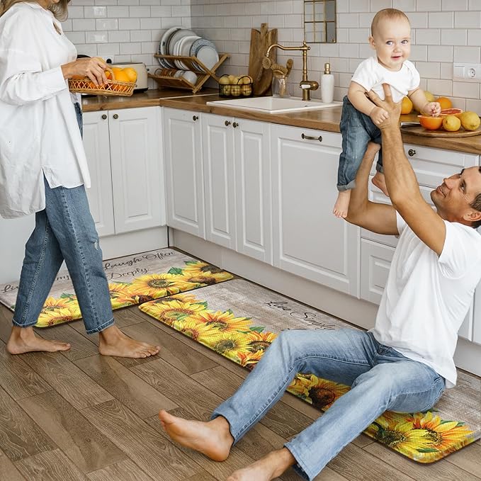 KIMODE Anti Fatigue Kitchen Mat for Floor, Farmhouse Sunflower Kitchen Rugs 2 PCS, Kitchen Floor Mats Non-Slip Cushioned, Comfort Standing Mat for Sink, Laundry, Desk Brown 17"x47"+17"x29"