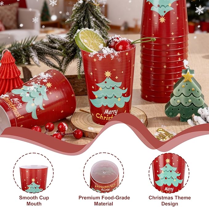 I00000 50Pcs 12oz Christmas Tree Design Christmas Plastic Cups, Premium Disposable Cups Cocktail Cup, Red Xmas Party Cup with Star Pattern Design, Perfect for Xmas Party