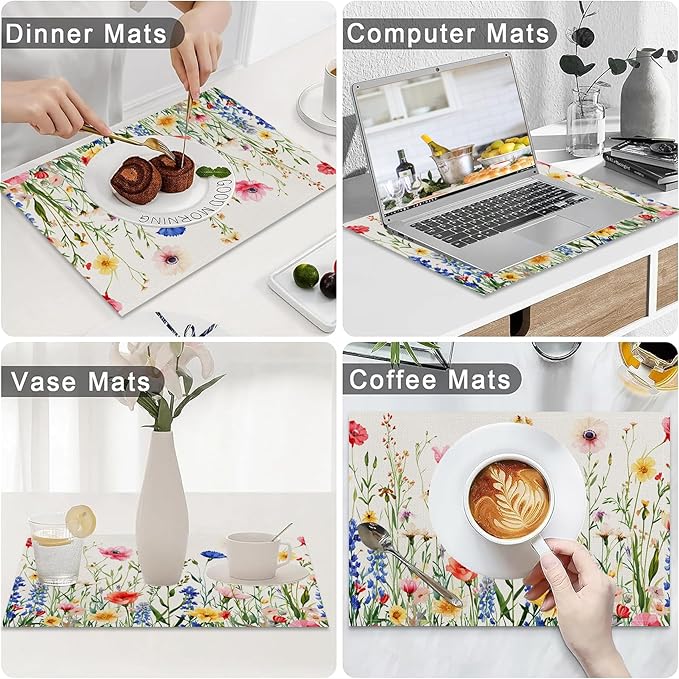 AOFOTO Floral Placemats Set of 4 Colorful Wild Flower Plants Printed Place Mats Artistic Rectangular Modern Table Mats for Home Kitchen Restaurant Party Dining Table Decor 12x18 Inch